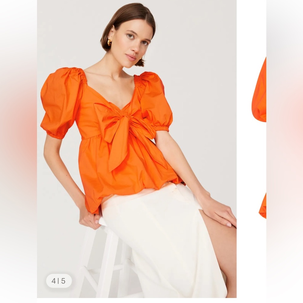 Toccin x RTR Orange Puff Sleeve Bow Front Crop Top Size 8 Wrap Blouse - Picture 6 of 9